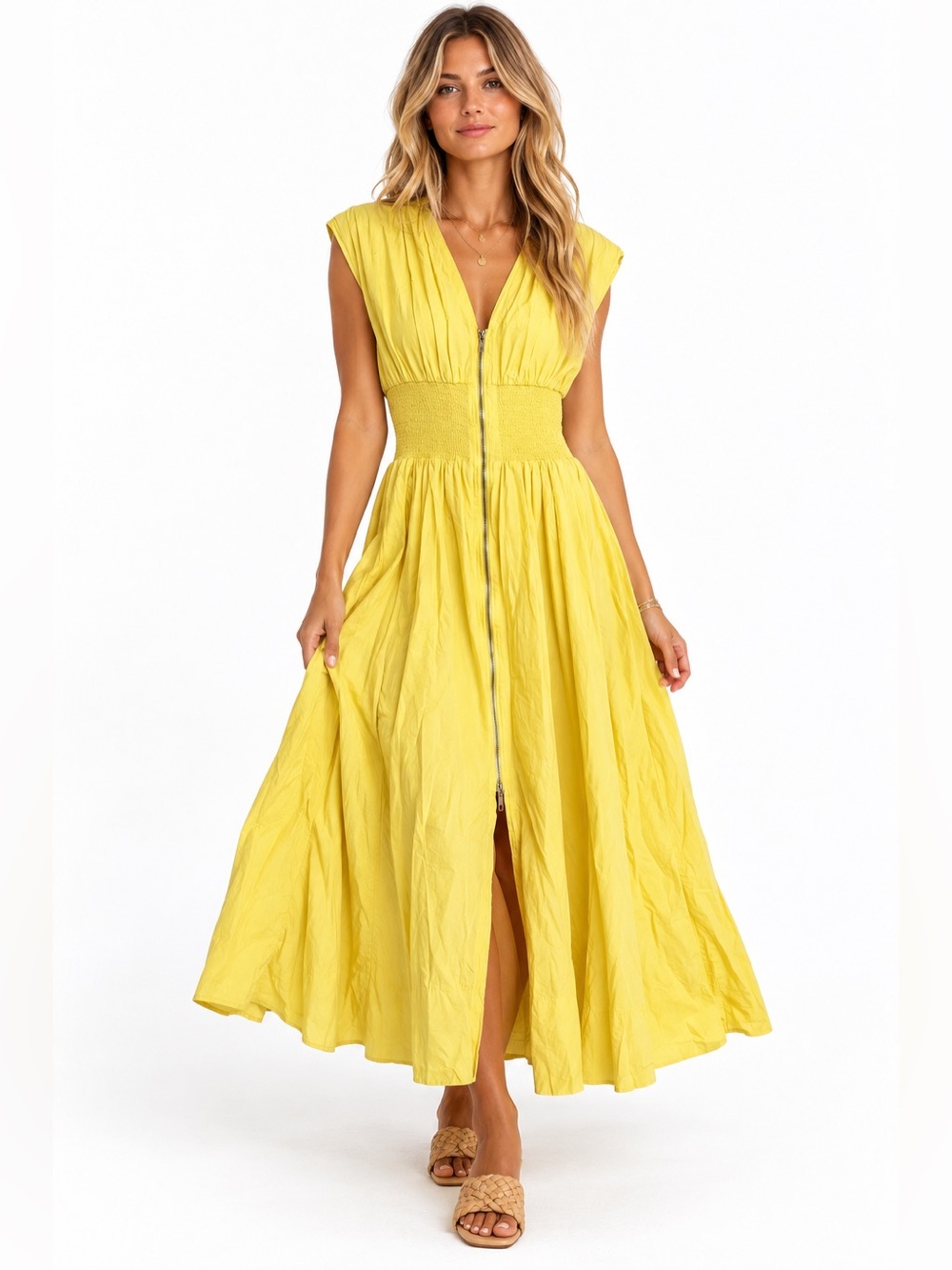Anthropologie Tommie Smocked Zip Front Midi Dress Boho Cottagecore Resortwear